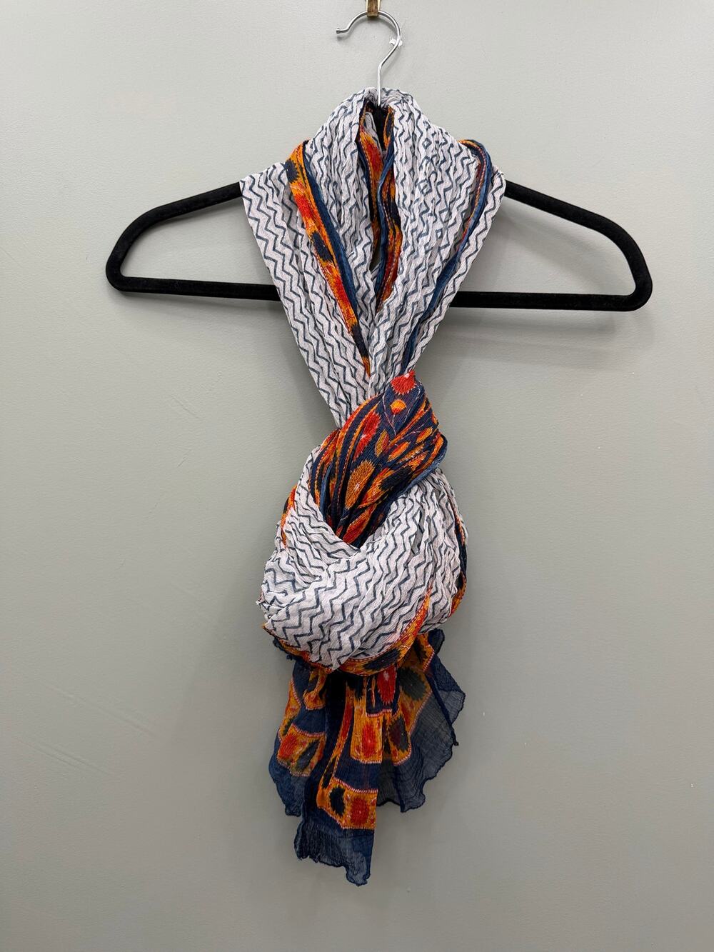 Boho Embroidered Floral Scarf 35x90 Navy Orange Oversized Gauze Wrap Shawl